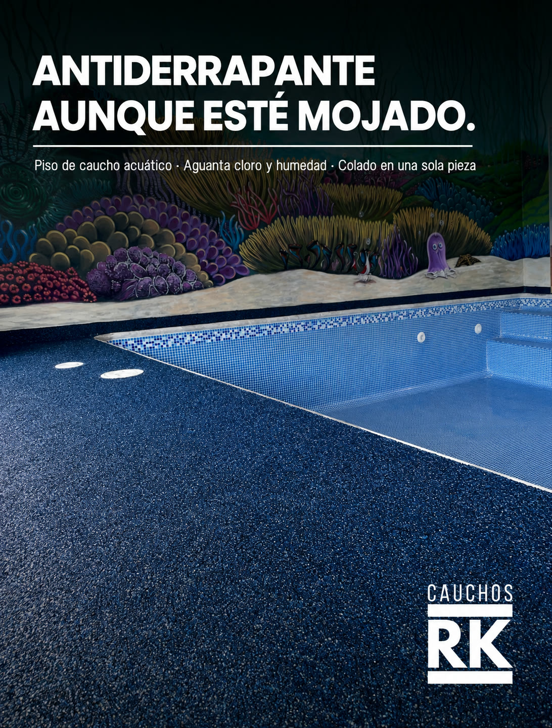Anuncio hecho con IA para Cauchos RK: piso de caucho acuático antiderrapante para alberca