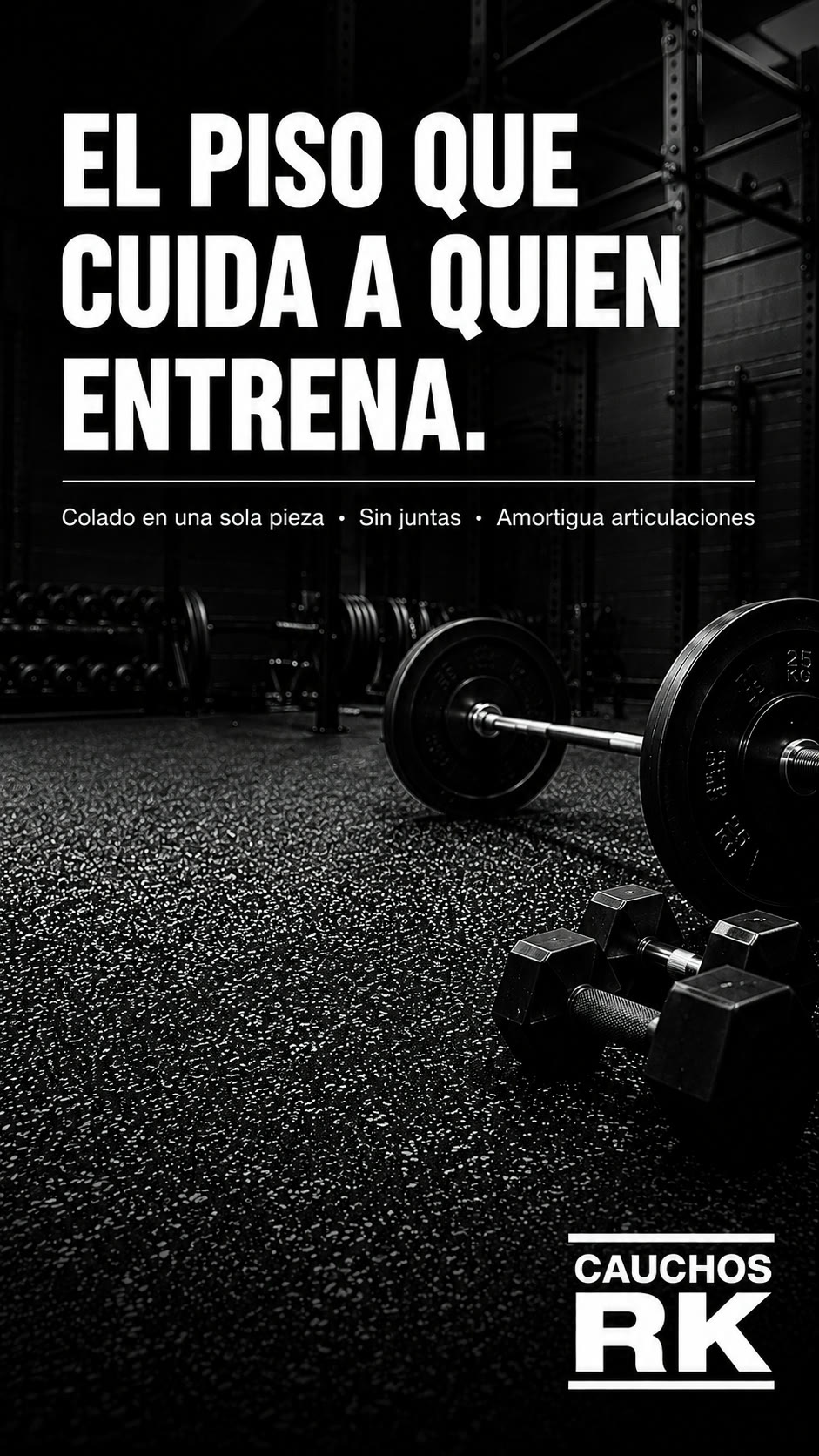 Anuncio hecho con IA para Cauchos RK: el piso que cuida a quien entrena, para gimnasios