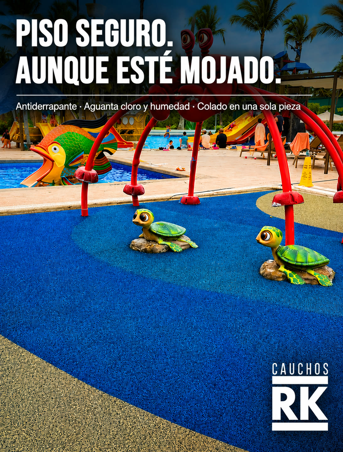 Anuncio hecho con IA para Cauchos RK: piso seguro aunque esté mojado, alberca con tortugas